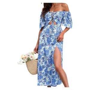 Casual Floral Boho Dress Short Sleeve A-line Tie Front Cutout Large
